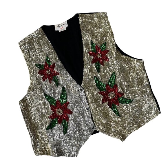 Vintage Sequin Vest Christmas Red Poinsettia 1990s Fashion Fantasy Large Kitschy - Picture 1 of 9